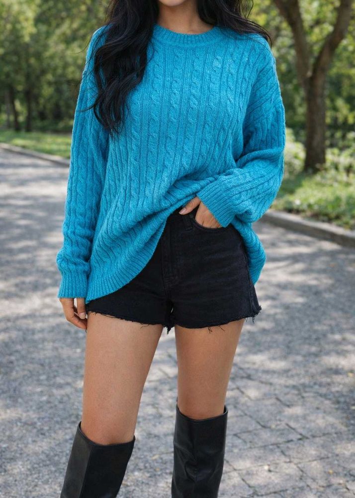 Stylish Teal Cable Knit Sweater