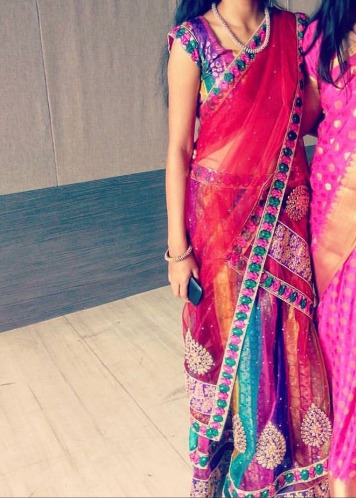 Multicoloured Netted Lehenga/half Saree