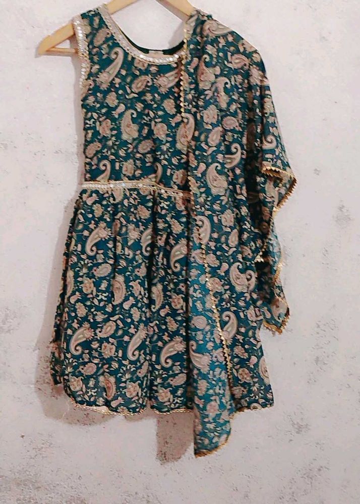 Girls&#39; Teal Paisley Dress with Dupatta