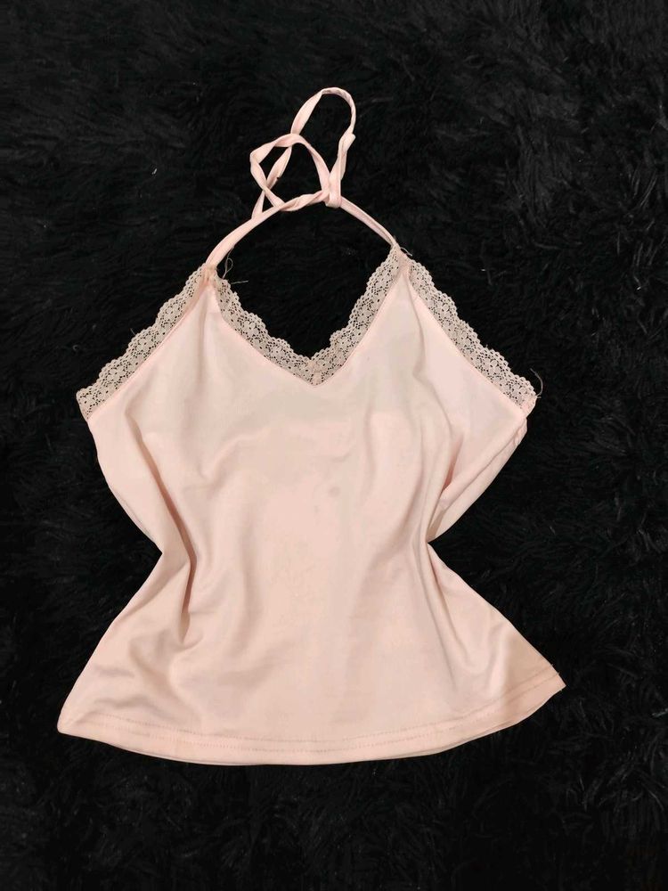 Pink Halter Neck Lace Fem Fitted Top