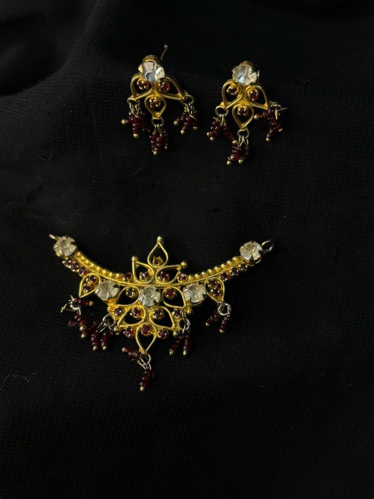 Golden-Maroon Pendant + Earrings ₹268