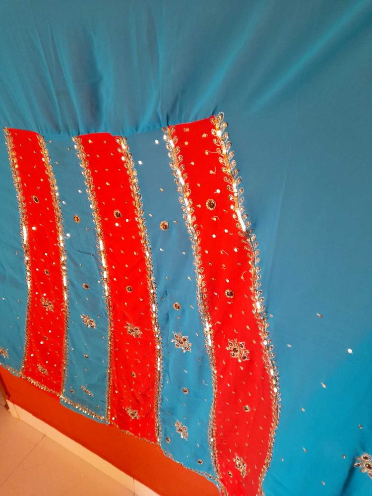 Orange Blue Embellished Heavily Lacha Saree Blouse