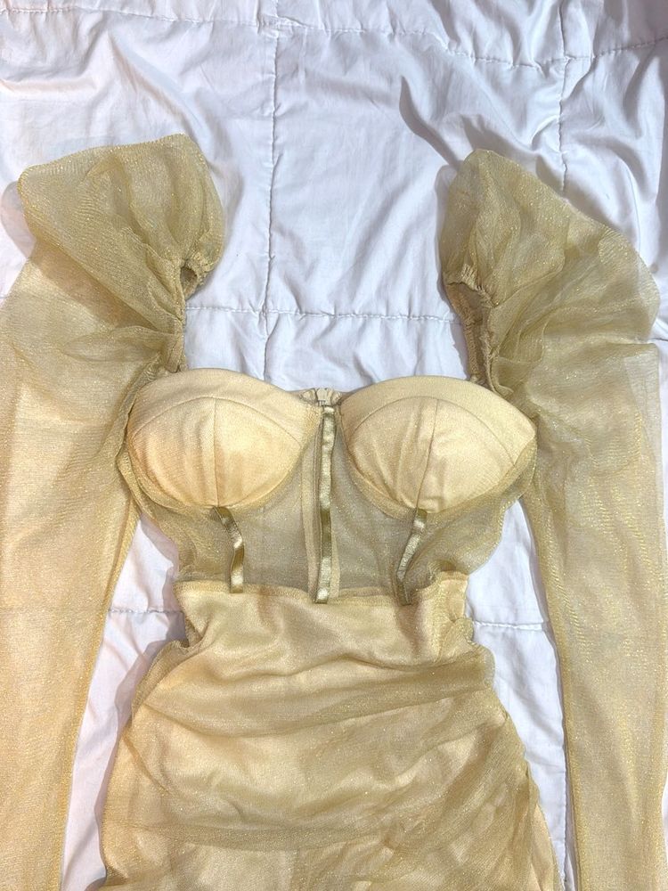 Gold Shimmer Mesh Bodycon Dress