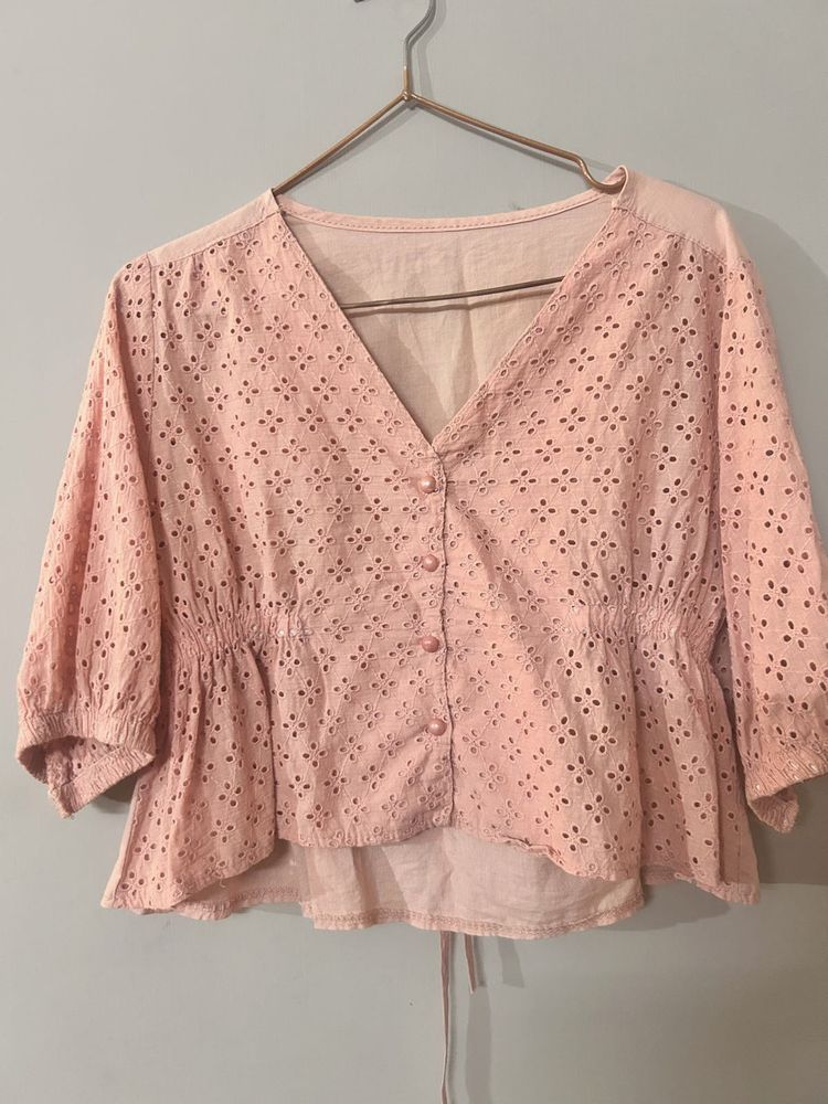 Pink Eyelet Peplum Top
