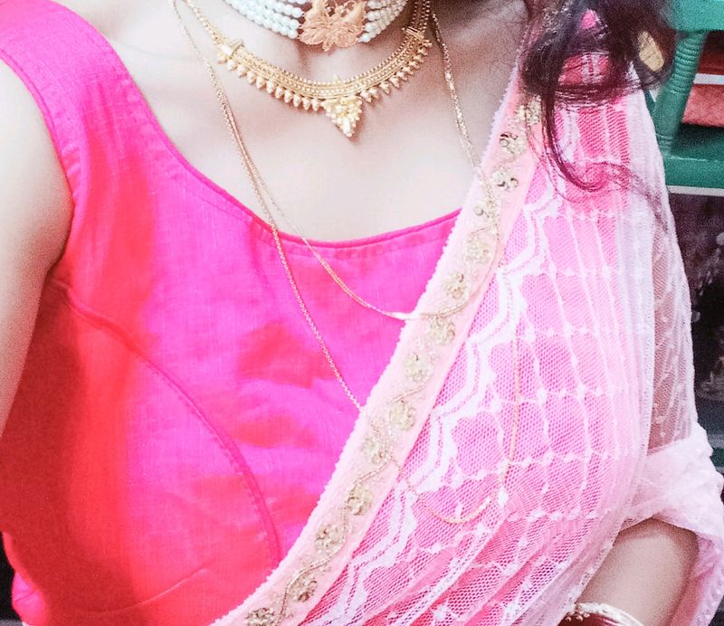 Baby Pink Net Saree With Lace Border