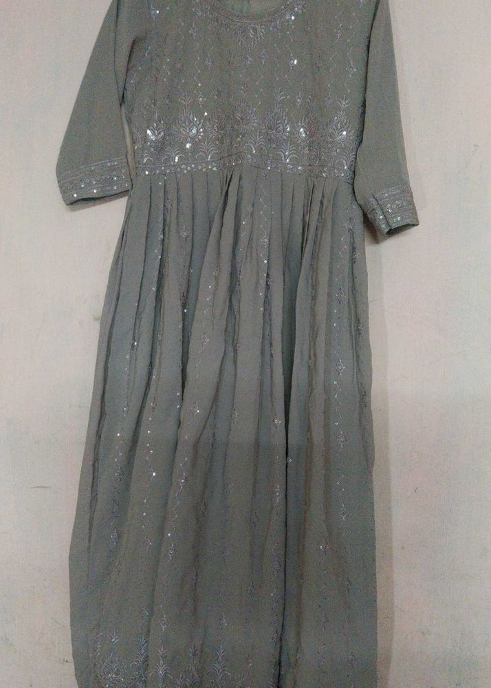 Elegant Sequin Embellished Silver Grey Ethnic Gown