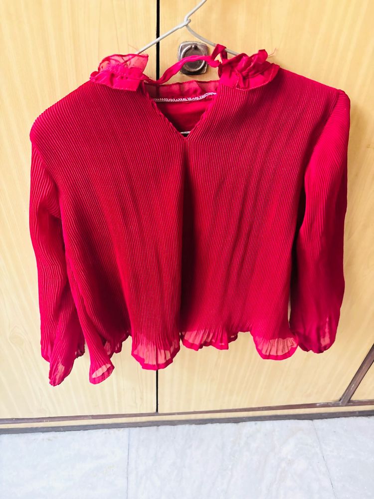Red Pleated Ruffle Top