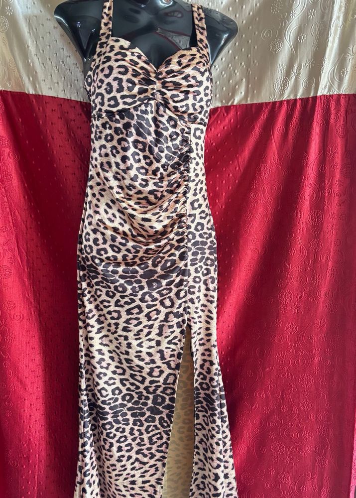 Leopard Print Ruched Slit Bodycon Maxi Dress