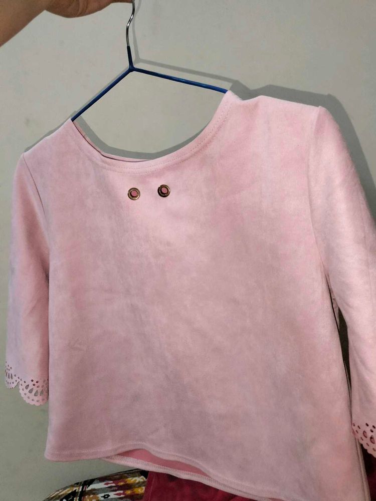 Pink Eyelet Sleeve Crop Top Velvet Like New