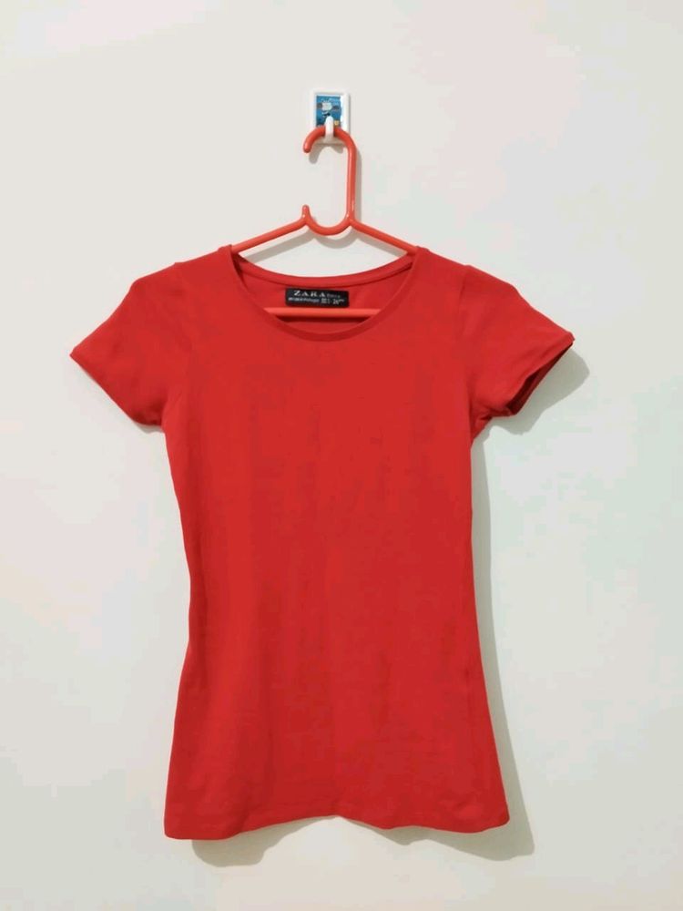 Zara Stretchable Red Rust T-Shirt
