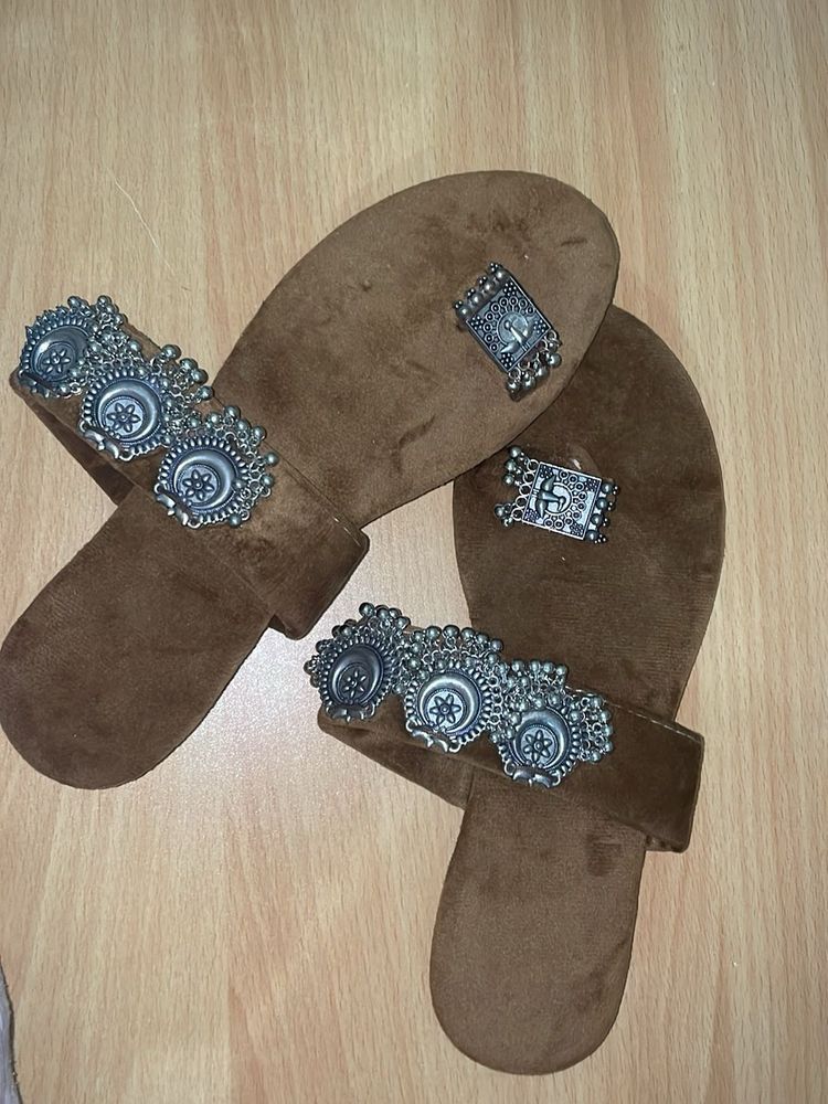Brown Slides with Silver Accents