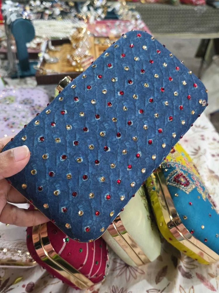 Blue Bandej Stones Hand Clutch With Sling