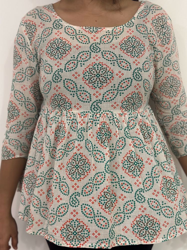 Anouk White &amp; Blue Geometric Print  Peplum Top