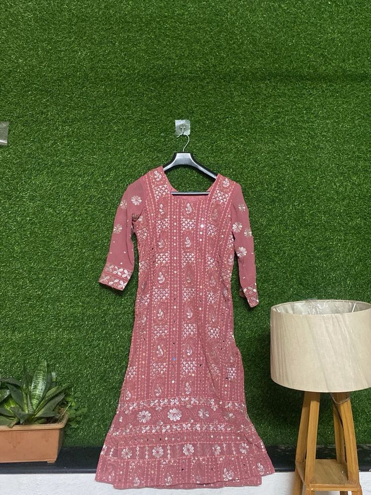 Mirror Work Pink Embroidered Kurta Set