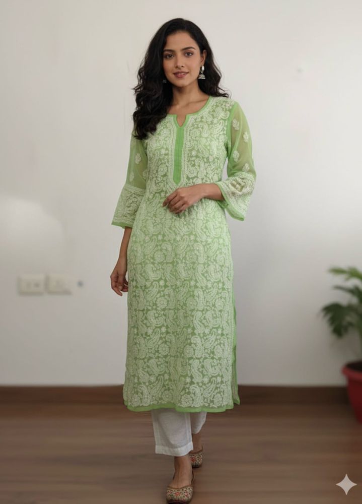 Green Chikankari Kurta Pure Kurti