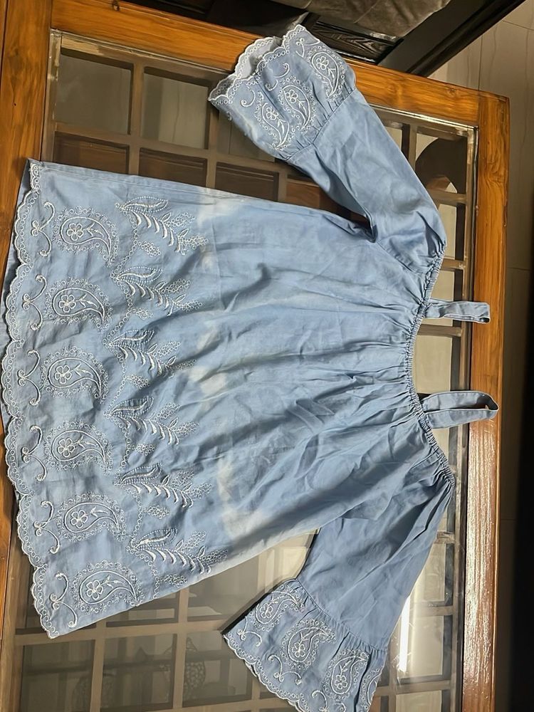 Blue Embroidered Off-Shoulder Top