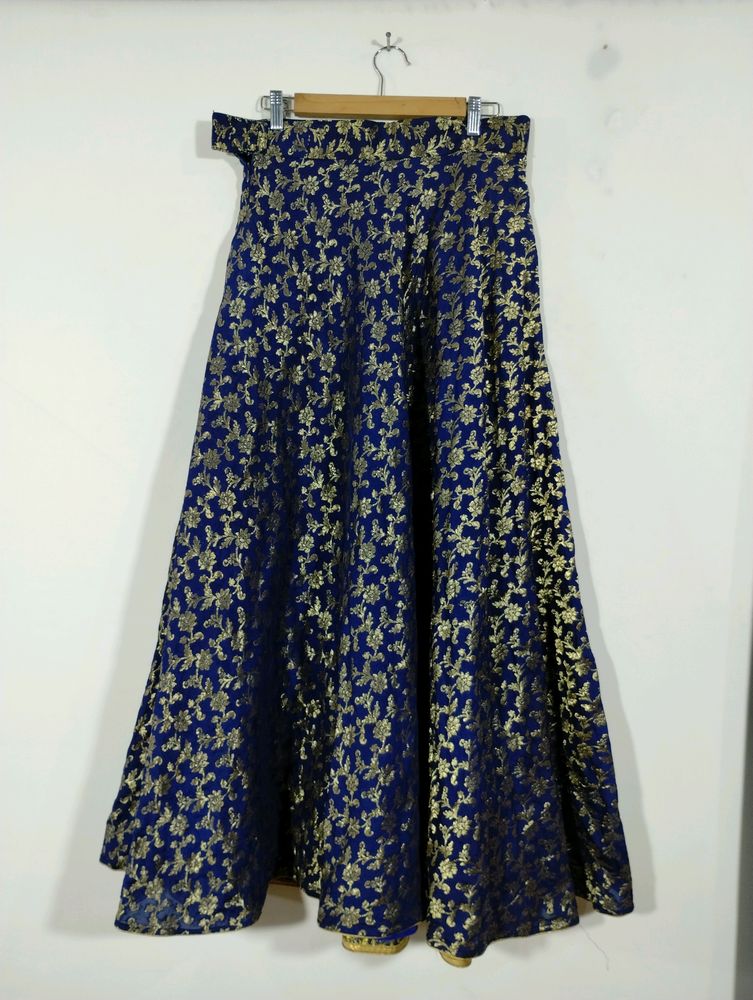 Navy Blue With Gold Zari Printed Ethnic Skirt (Women)
