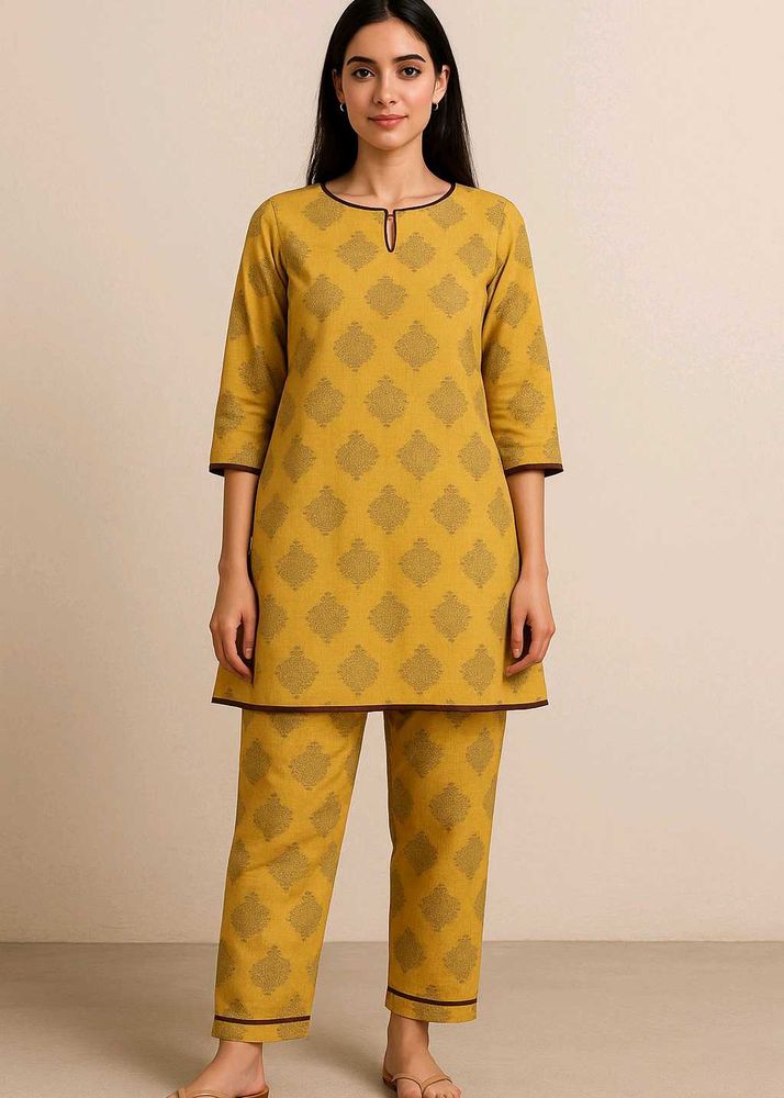Elegant Yellow Cotton Kurti with Pant Set – Stylis