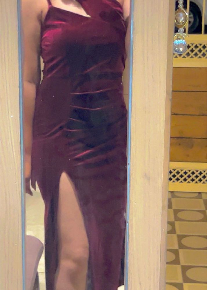 Burgundy Velvet One-Shoulder Dress