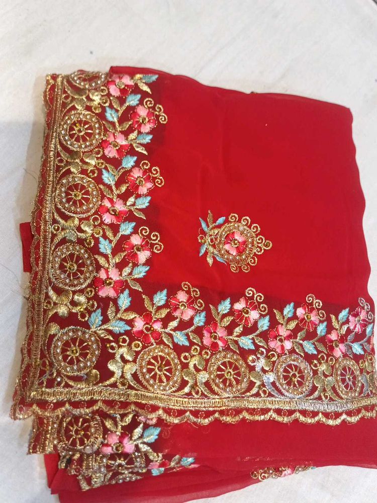 Cash Allow Red Embroidered Sari
