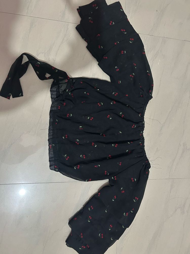 Chic Cherry Print Mesh Top