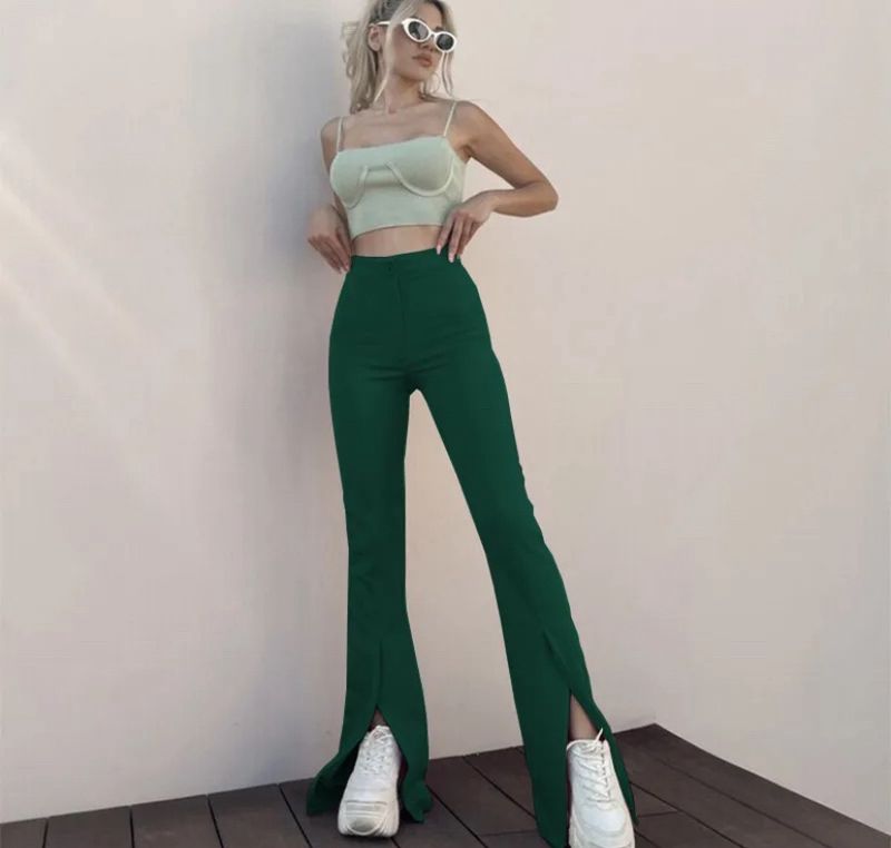Green Trouser Straight Fit Pants With Slit Cut End