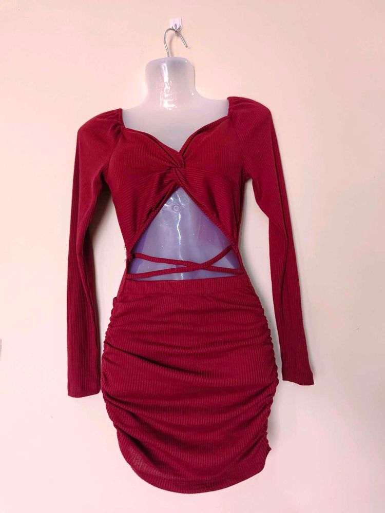 Red Long Sleeve Mini Dress - Cutout