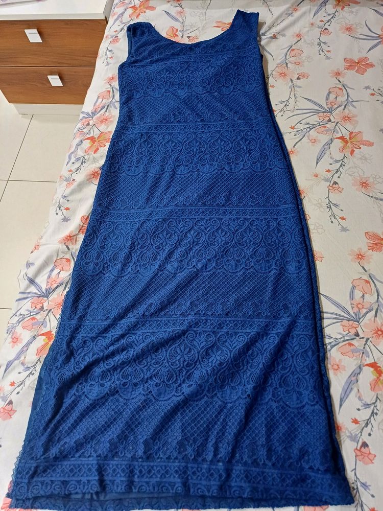 Navy Blue Long Dress With Side Slit Round Neck
