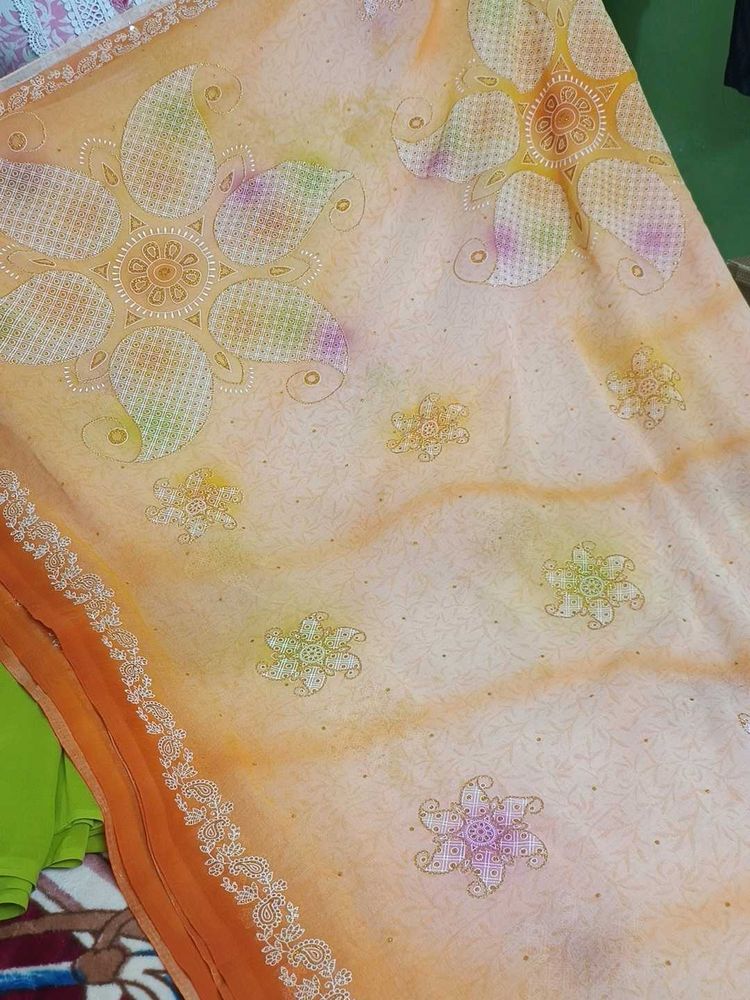 Elegant Floral Print Saree( glitter work )