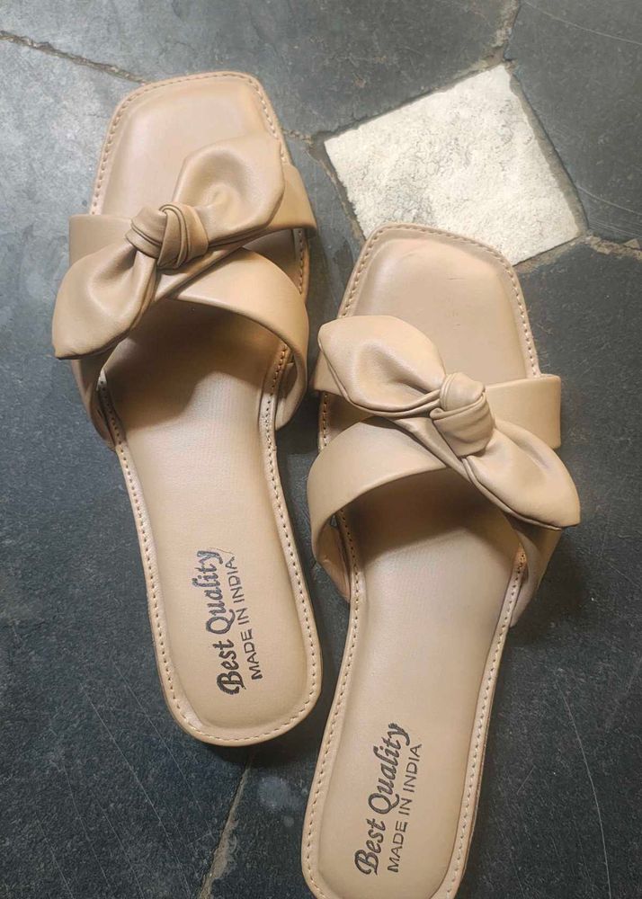 Nude Bow Detail Slip-On Sandals