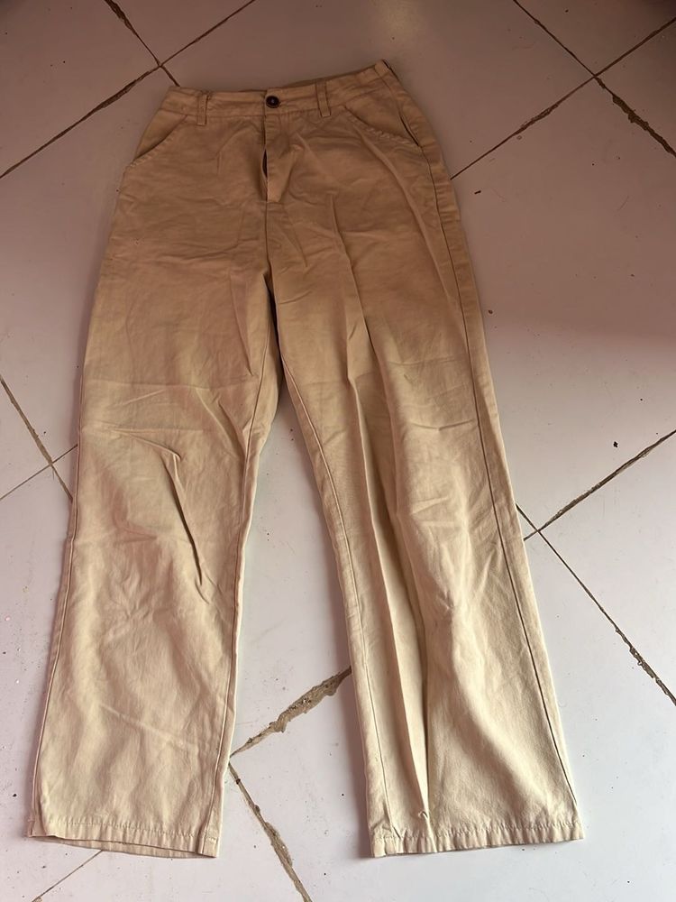 Beige Wide Leg Trousers