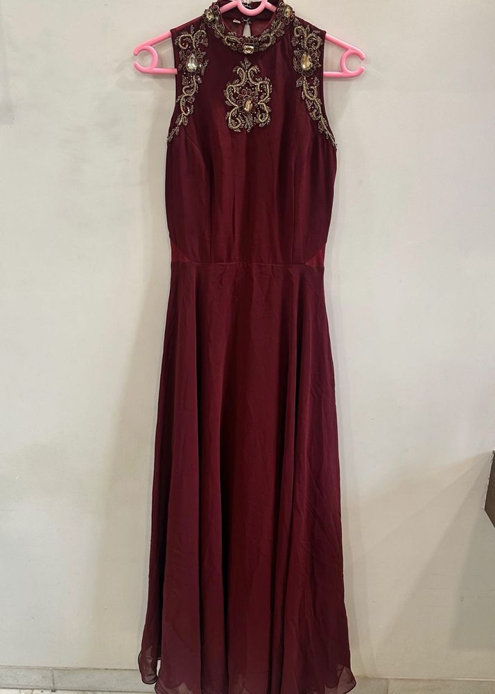 Burgundy Embellished Evening Gown