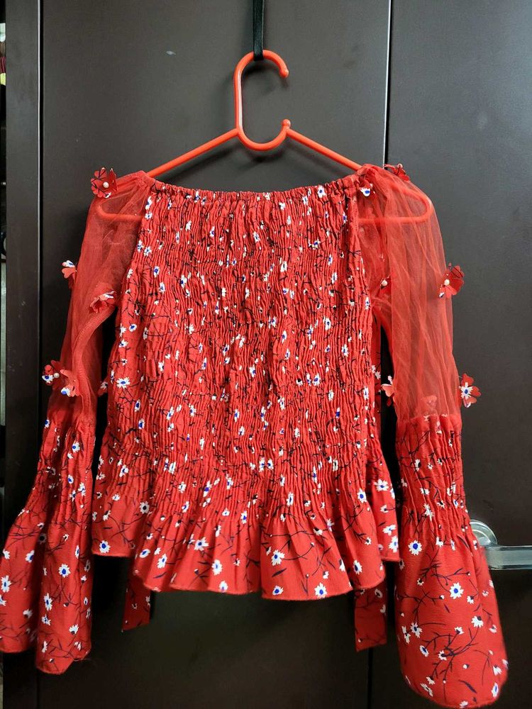 Red Floral Off-Shoulder Top