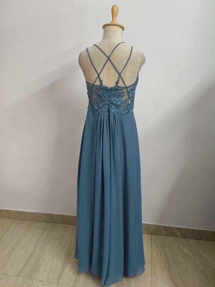 Elegant Blue Lace Bodice Maxi Dress