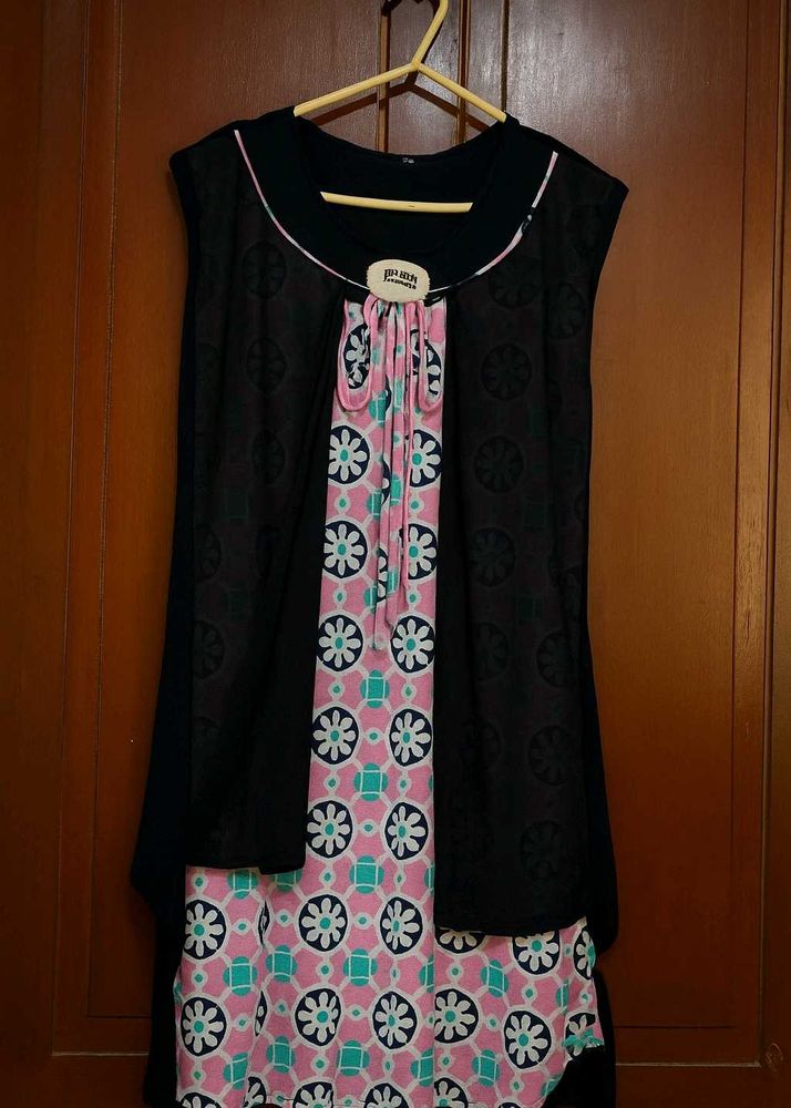 Stylish Nevi Blue &amp; Soft Pink Short Flowy Dress