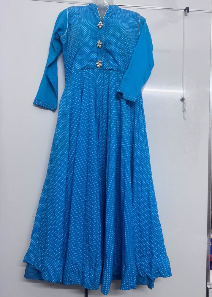 Elegant Blue Polka Dot Long Gown