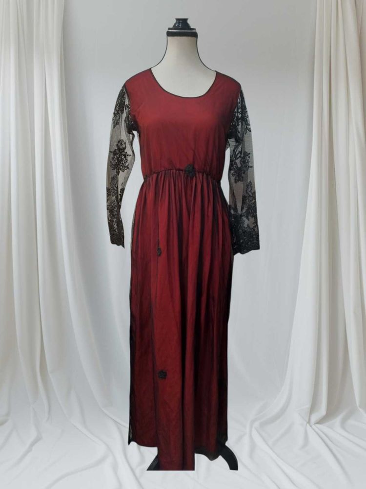 Elegant Burgundy Lace Sleeve Maxi Dress