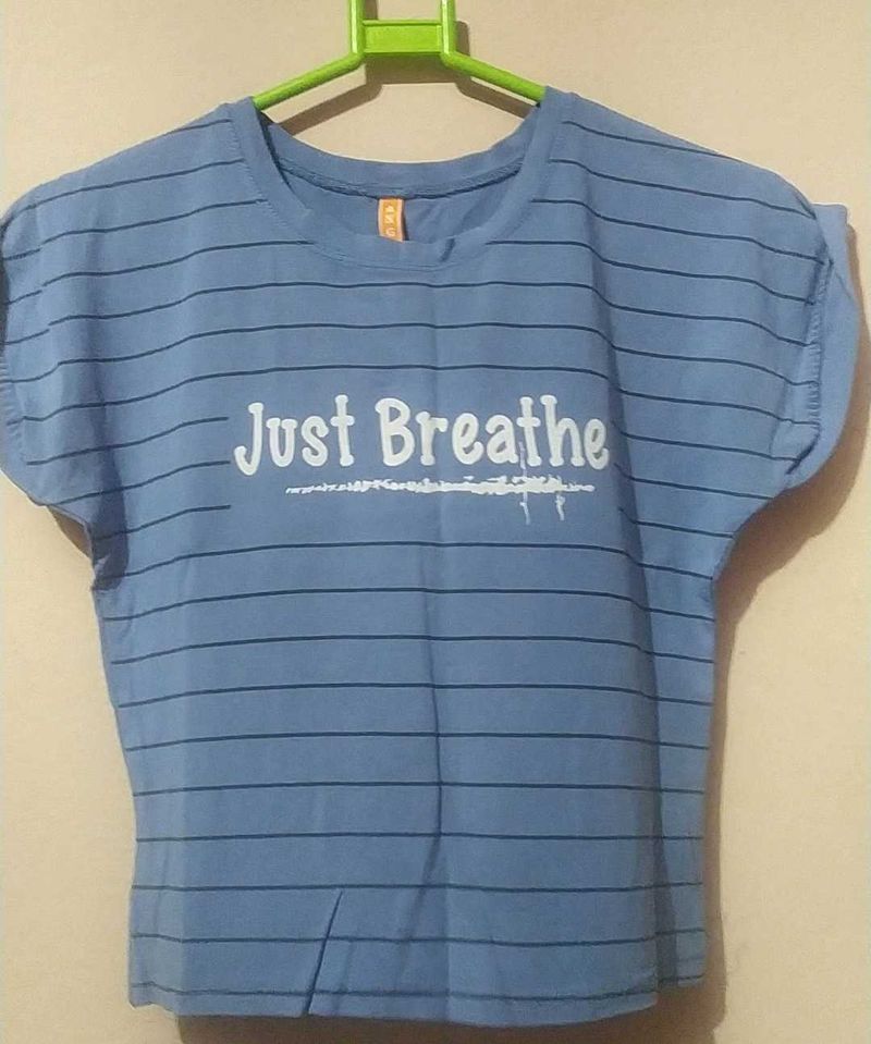 Blue Striped &#34;Just Breathe&#34; Tee