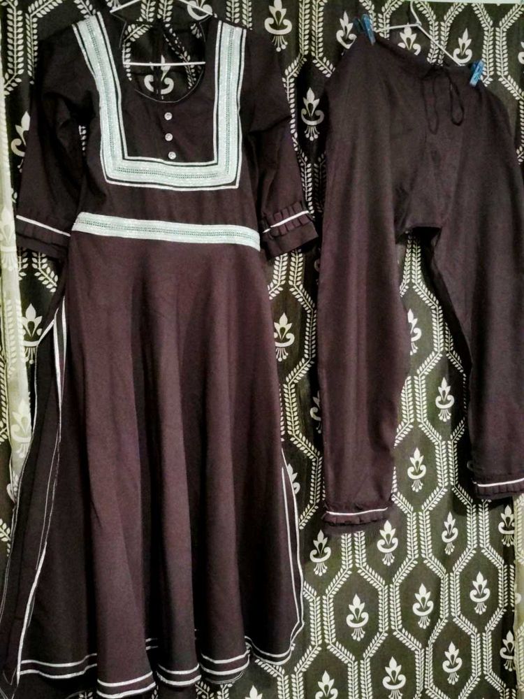Brown &amp; White Trim Dress with Matching Pants