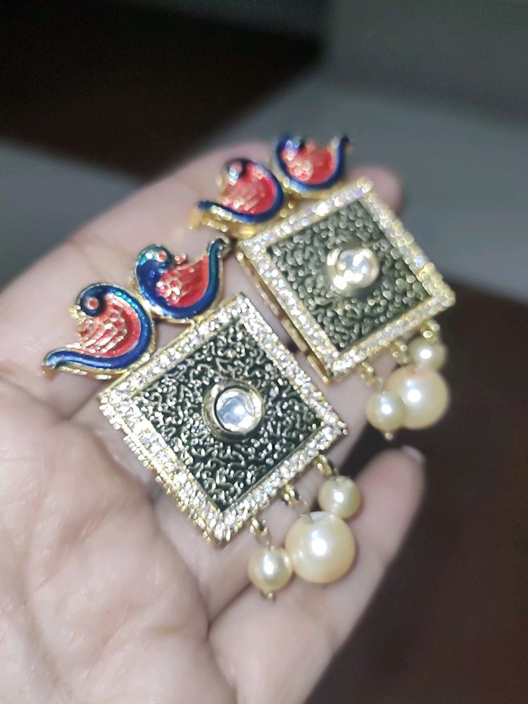 Peacock Meenakari Polki Rhinestone Earrings