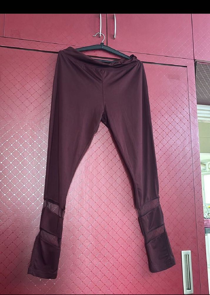 Burgundy Mesh Panel Leggings For Xl