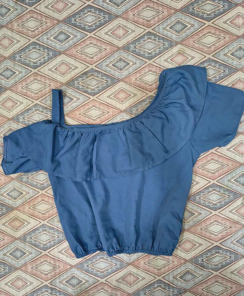 Blue Ruffle One-Shoulder Top