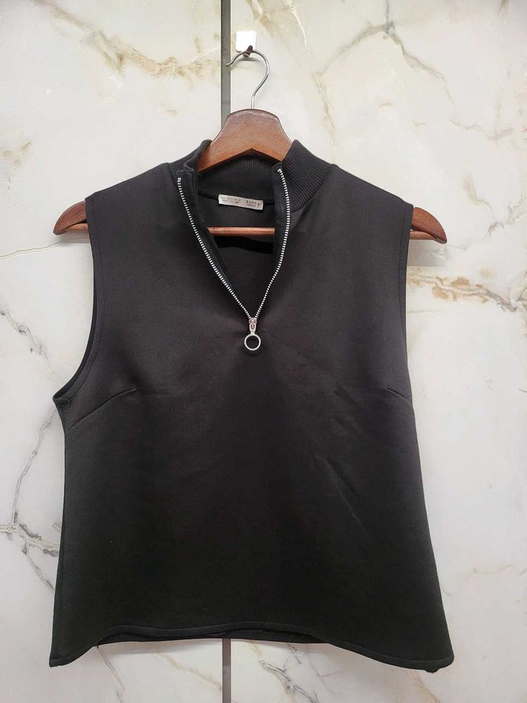 Zara Black Zip-Up Sleeveless Mock Neck Top