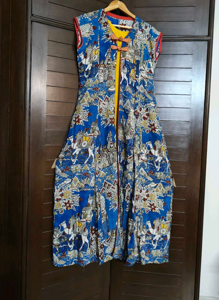 Women Blue Yellow Printed Kurta With Jacket