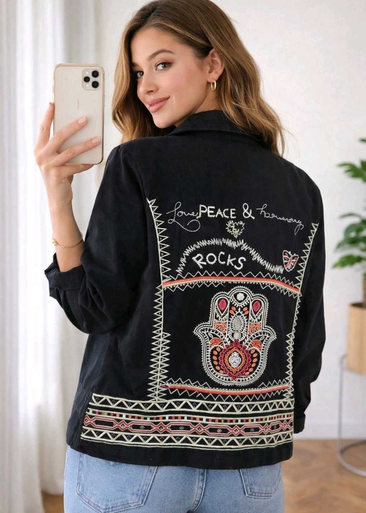 Boho Embroidered Black Jacket Size-40