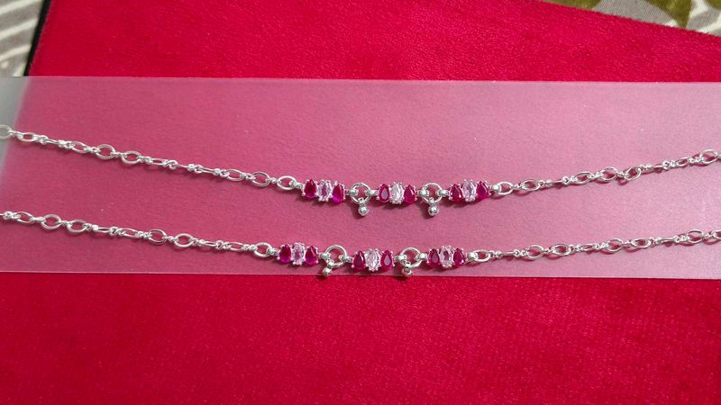pure silver Anklets with Pink Stones
