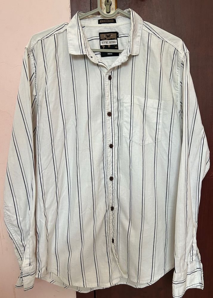 White &amp; Black Striped Casual Shirt – Size-M