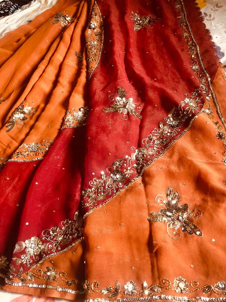 Elegant Orange &amp; Red Saree with Blouse