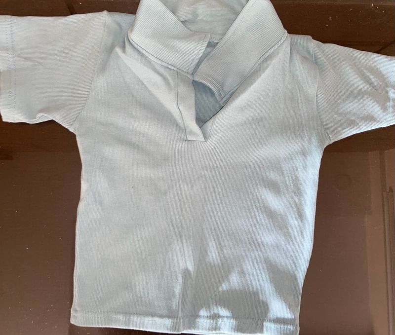 Sky Blue Ribbed Knit Polo Top