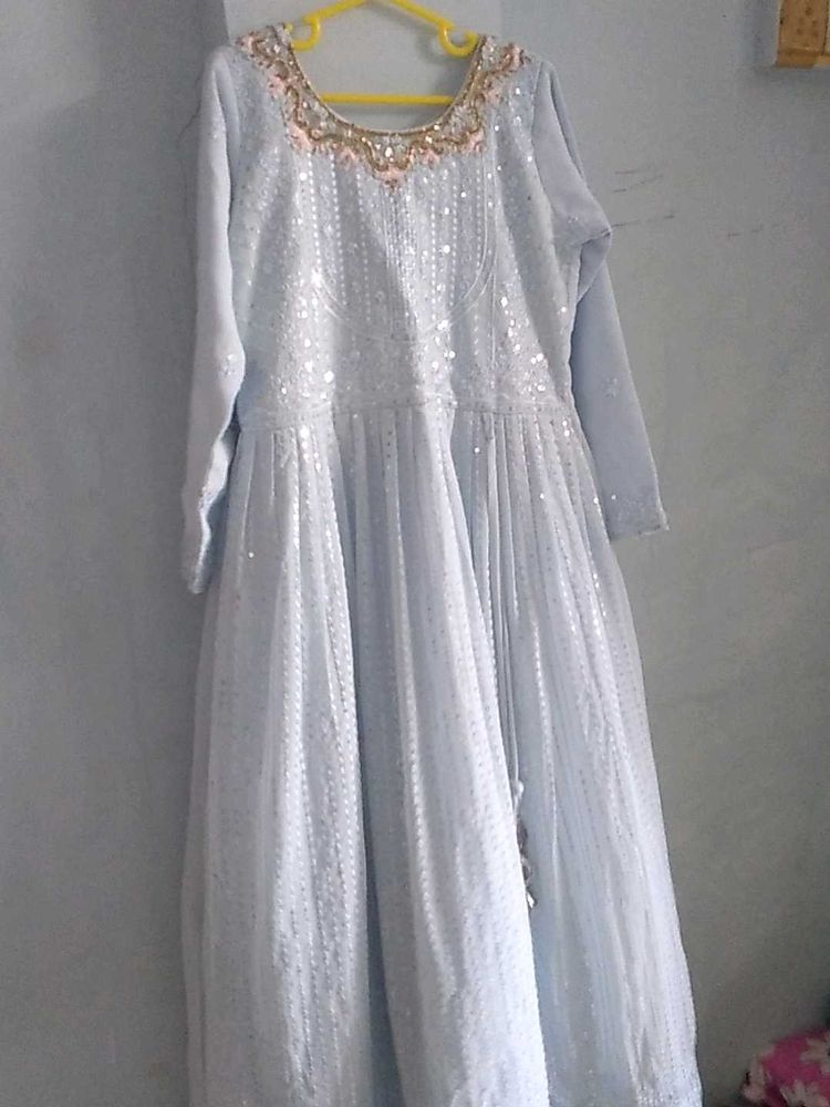 Embroidered sky blue Embellished Anarkali frock.